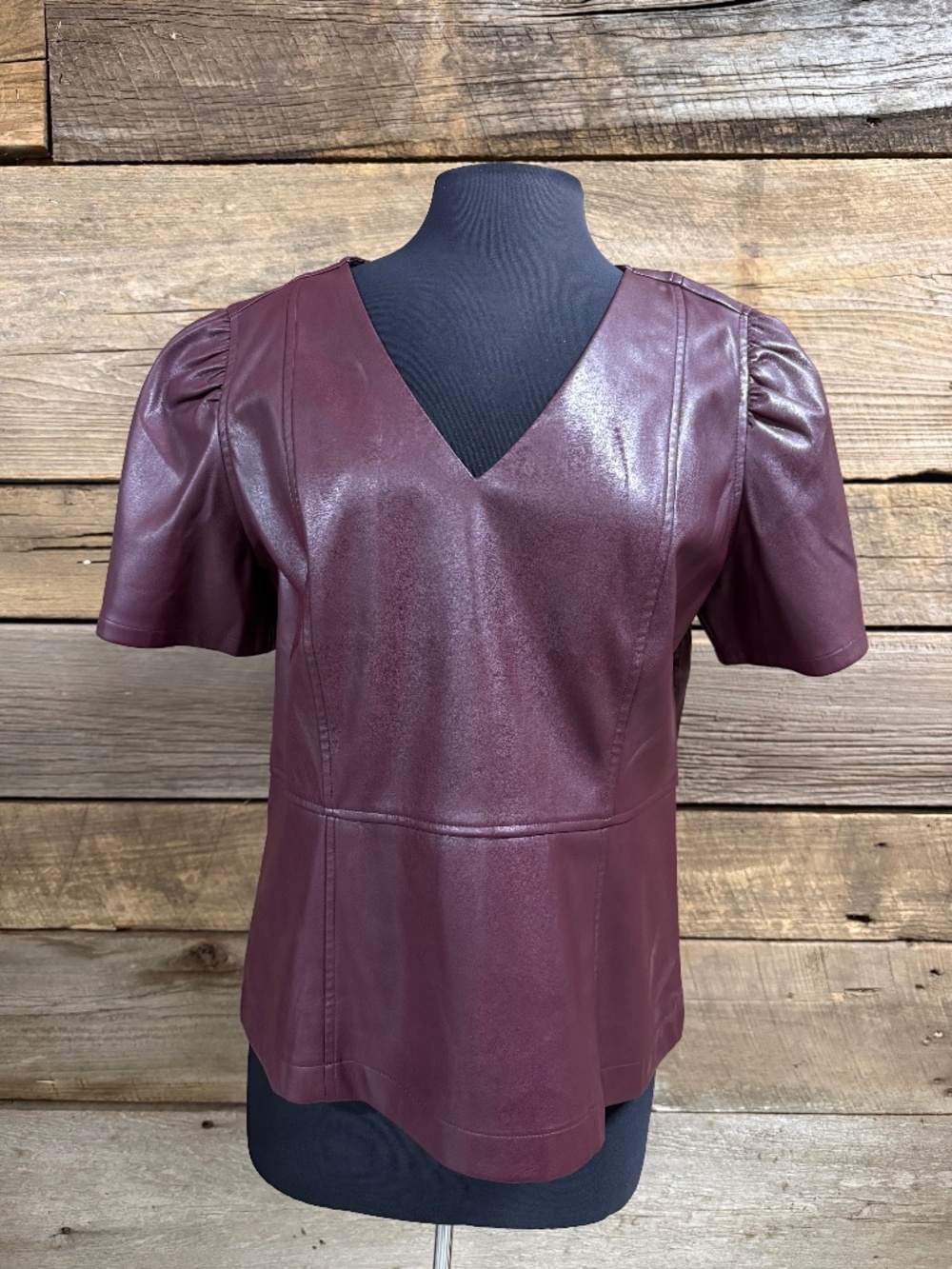 Ann Taylor Faux Leather V Neck top, Burgundy, Large